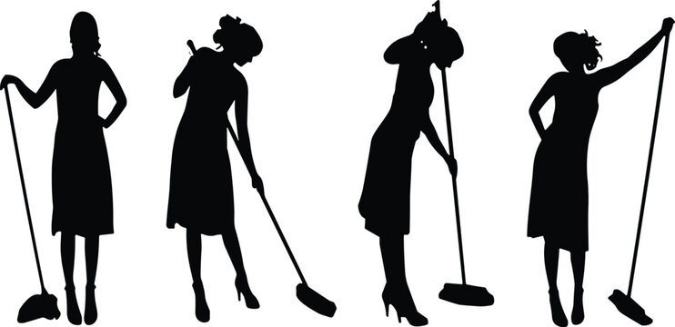 Silhouette women sweeping with brooms in stylish poses, domestic cleaning action, elegant female figures in motion, vector illustration art