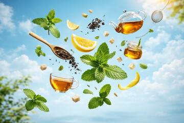 Floating tea ingredients with mint lemon and honey on blue sky