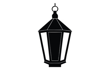 A black hanging lantern with a pyramid roof and white accents on a white background with illustration and graphic
