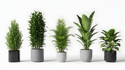 Five Different Green Plants in Gray and Black Pots on White Background