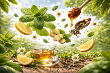 Herbal tea with mint lemon ginger and honey in nature