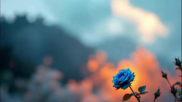 The video features a close up view of a single blue flower with lush petals and surrounding buds, set against a softly blurred background