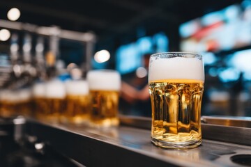 Fresh draft beer in a glass on a bar counter with bokeh lights, editable and customizable photo ideal for pub promotions, nightlife ads, or beverage menus.