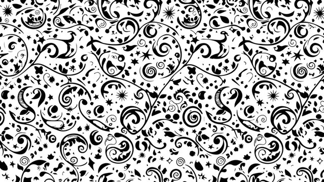 Decorative black and white ornamental pattern with swirls, stars and intricate floral details for textile design
