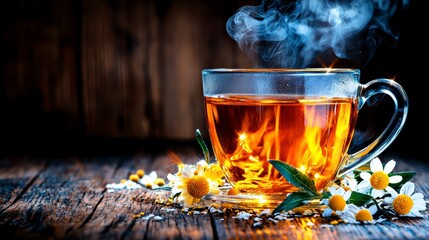 Steaming Chamomile Tea in Glass Mug with Fresh Flowers on Rustic Wood
