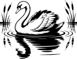 Black and white vector illustration of a graceful swan floating on water with reflection and reeds. Minimal nature silhouette