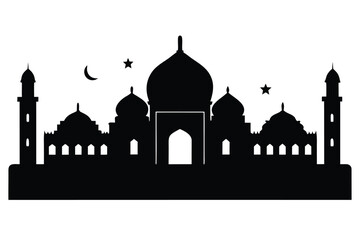 Islamic mosque architecture silhouette at night with crescent moon and stars illustration with dome and minaret and religion