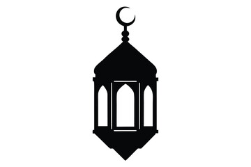 A black silhouette of a lantern with a crescent moon on top against a white background symbolizing ramadan or islamic decoration
