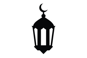 Elegant black lantern with crescent moon on top for islamic or cultural designs and ramadan celebrations with white background