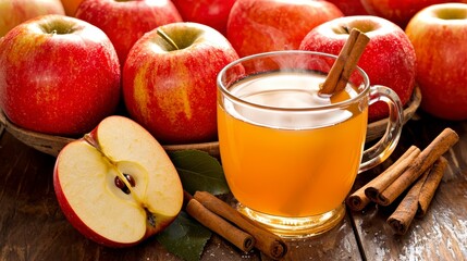 Cozy Hot Apple Cider with Cinnamon and Fresh Red Apples on Rustic Wood