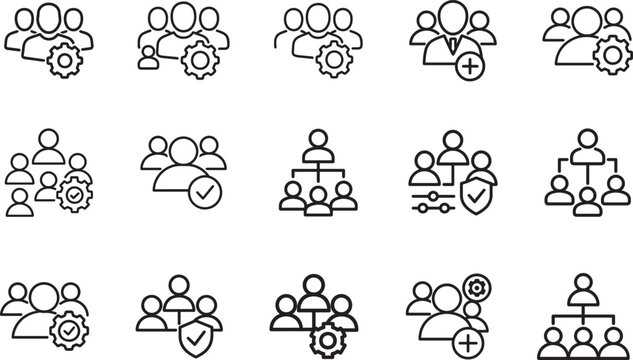 Team management and users outline icon set for collaboration, roles, HR, web, mobile and UI design.