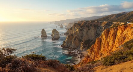 Coastal cliffs at sunset with sea stacks and winding road. Golden light bathes the scene