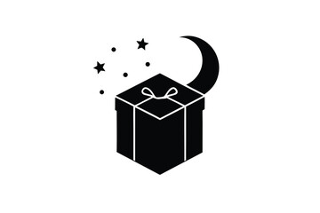 Black gift box with white outline and ribbon surrounded by magic stars and crescent moon on white background for surprise and celebration concepts