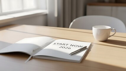 A serene workspace with a notebook and coffee cup on a wooden table by the window