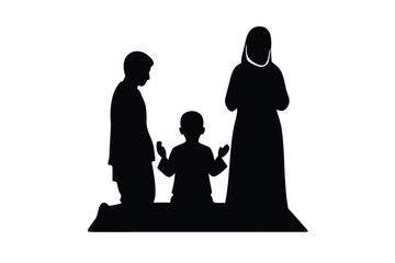 Silhouette of a family in prayer together on a mat with hands raised in devotion and spirituality at home with muslim