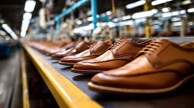 Rows of tan leather dress shoes progressing on an industrial assembly line inside a footwear manufacturing factory, showing the automated process of modern shoe production