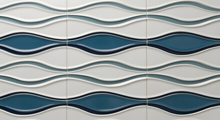 Close-up of wall tiles. The tiles feature a repetitive wave pattern in shades of white and blue, creating a flowing and textural design