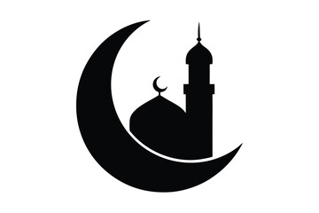 Islamic crescent moon silhouette with mosque tower and dome on white background for ramadan or eid celebrations with icon