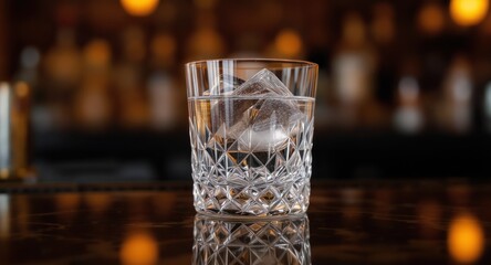 Cut-glass tumbler filled with clear liquid and large ice cube on a bar with blurred background