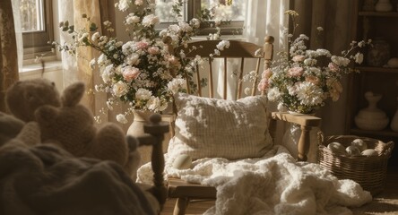 Cozy sunlit room with flowers, chair, and a fluffy blanket, creating a peaceful atmosphere