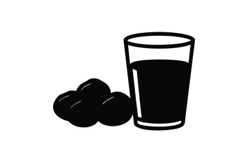 A black and white illustration of a glass of dark juice with three berries beside it on a plain background for beverage or food concept