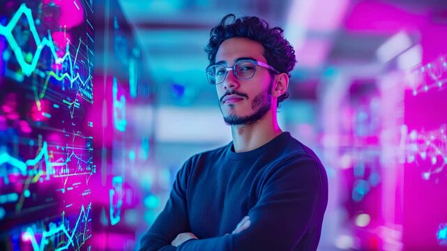 Serious technology professional posing near illuminated financial screens displaying dynamic neon blue and magenta data graphs.