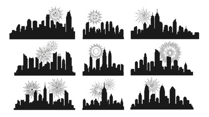 City skylines with fireworks silhouettes against white background