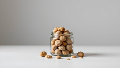 A jar filled with round, golden brown cookies, which has been placed on a white surface. The jar is topped with a silver lid, and a few of the cookies have spilled over onto the surface around it.