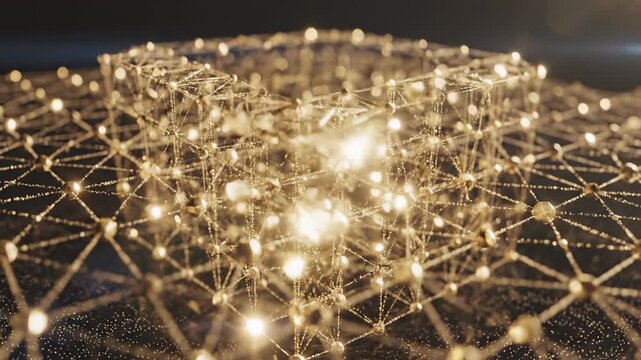 Abstract futuristic background featuring shiny golden geometric particles slowly coalescing and dissolving in a complex network pattern innovation, dataflow, dissolving