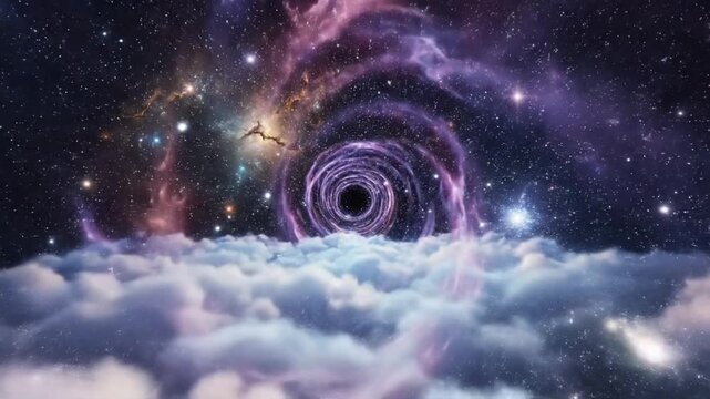 Flying through a celestial tunnel made of stars and clouds, night flight above illuminated cloud tops, gentle parallax motion, magical sci-fi mood, seamless loop animation