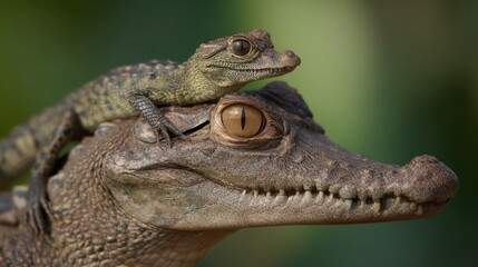 Fototapeta premium Close up side profile of adult alligator with a baby alligator on its head