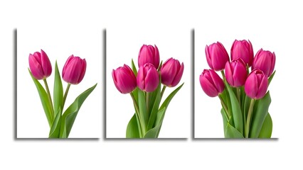 Pink tulips in three different arrangements against white background