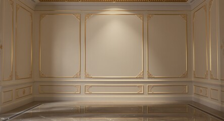 Empty room with ornate cream walls, gold trim, and marble floor; elegant and classic