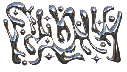 3D Chrome Liquid Abstract Shapes with Metallic Fluid Forms and Star Spark Elements Futuristic...