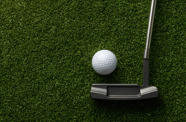 Top view of a golf ball and putter on green grass in a flat lay style, created for golfers, coaches, and sports brands to represent practice moments, precision putting skills, outdoor leisure