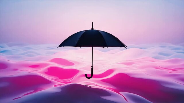 A floating umbrella spinning in black void, its cloth shifting colors 4K
