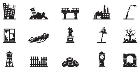 Ruins icon. City ruins icon. Post apocalyptic destruction icons set ruined city vector. EPS 10