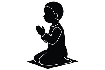 A young child in prayer with hands clasped together in a respectful kneeling position on a mat in a simple black and white illustration