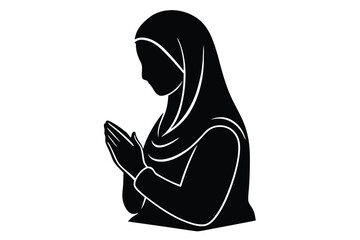 Black silhouette of a woman wearing a hijab praying with hands clasped in front of her face in a simple white background illustration