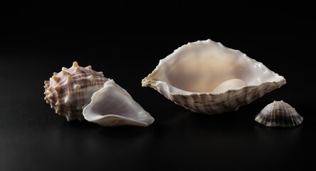 Four diverse seashells sit on a reflective black surface, showcasing textures and details