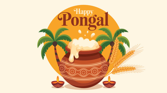 Happy Pongal Indian harvest festival illustration with traditional clay pot boiling rice sugarcane palm trees and oil lamps