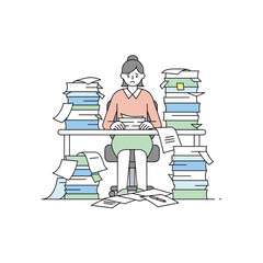Woman sitting at desk with stacks of books and papers in cluttered workspace  