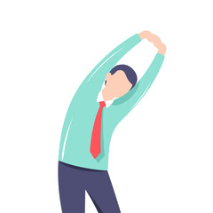 Man stretching while wearing a suit and tie on white background  