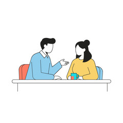 Young man talking to woman at table with coffee cups in modern style  