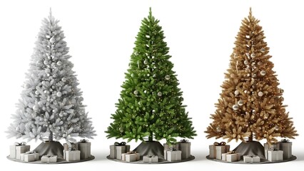 Three Decorated Christmas Trees in White Green and Brown with Presents
