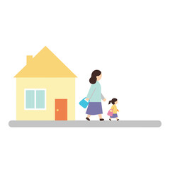 Mother walking with daughter beside house in sunny environment  