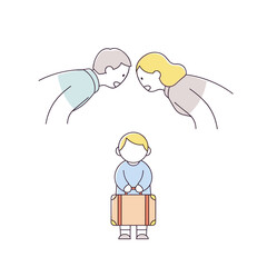 Parents arguing while child holds suitcase in distressed manner  