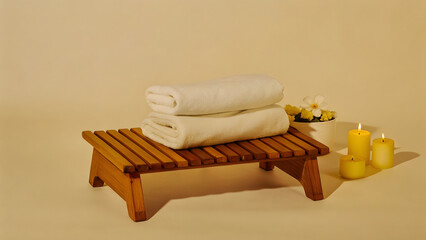 A comfortable wooden chair and table featuring folded towels are set