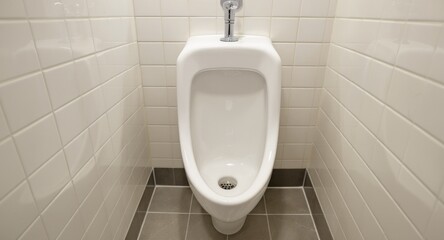 Front view of a white ceramic urinal installed between tiled walls, stainless steel fixture