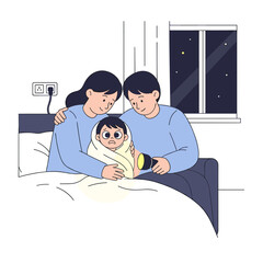 Parents comforting scared child with flashlight in dark bedroom  